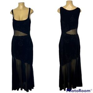 TADASHI BLACK MESH BEADED MAXI DRESS SIZE L